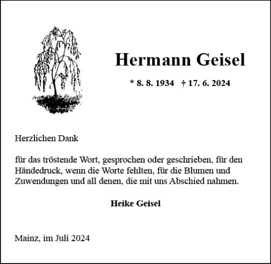 Traueranzeige von Hermann Geisel von Allgemeine Zeitung Mainz