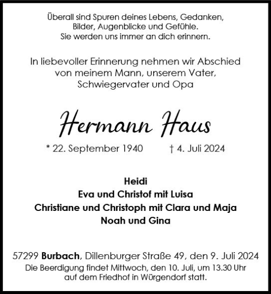 Traueranzeige von Hermann Haus von Dill Block