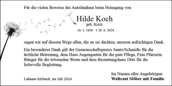 Traueranzeige von Hilde Koch von Wetzlarer Neue Zeitung