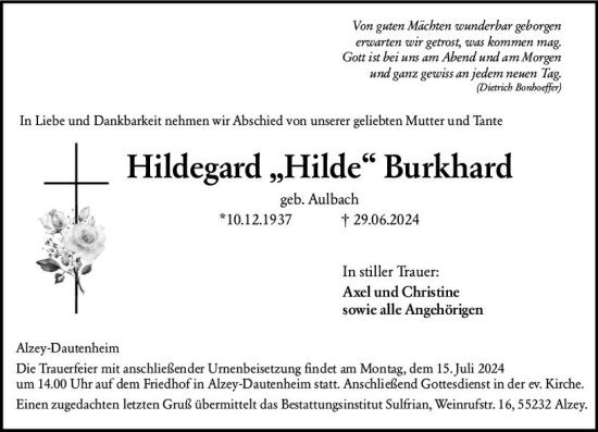 Traueranzeige von Hildegard  Burkhard von Allgemeine Zeitung Alzey