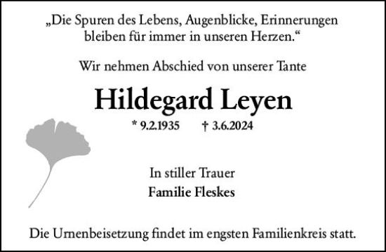 Traueranzeige von Hildegard Leyen von Wiesbadener Kurier