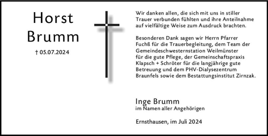 Traueranzeige von Horst Brumm von Weilburger Tageblatt