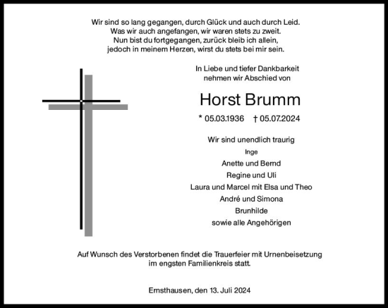 Traueranzeige von Horst Brumm von Weilburger Tageblatt