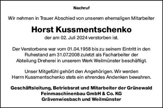 Traueranzeige von Horst Kussmentschenko von Weilburger Tageblatt