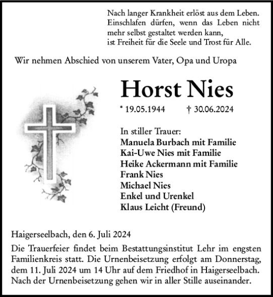 Traueranzeige von Horst Nies von Dill Block