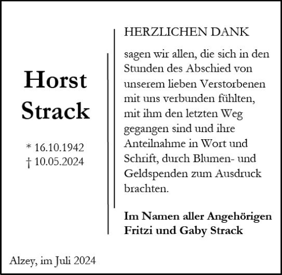 Traueranzeige von Horst Strack von Allgemeine Zeitung Alzey