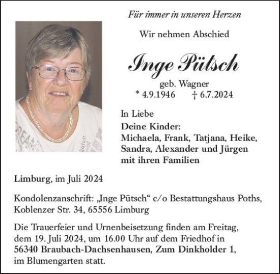 Traueranzeige von Inge Pütsch von Nassauische Neue Presse