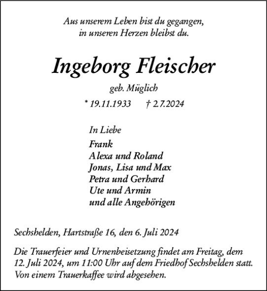 Traueranzeige von Ingeborg Fleischer von Dill Block
