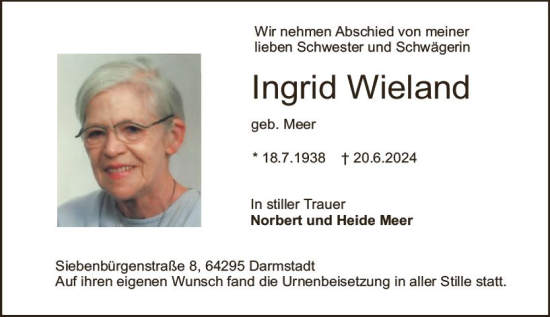 Traueranzeige von Ingrid Wieland von Darmstädter Echo