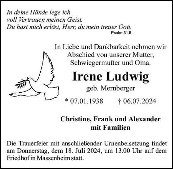 Traueranzeige von Irene Ludwig von Wiesbadener Kurier