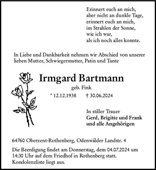 Traueranzeige von Irmgard Bartmann von Odenwälder Echo