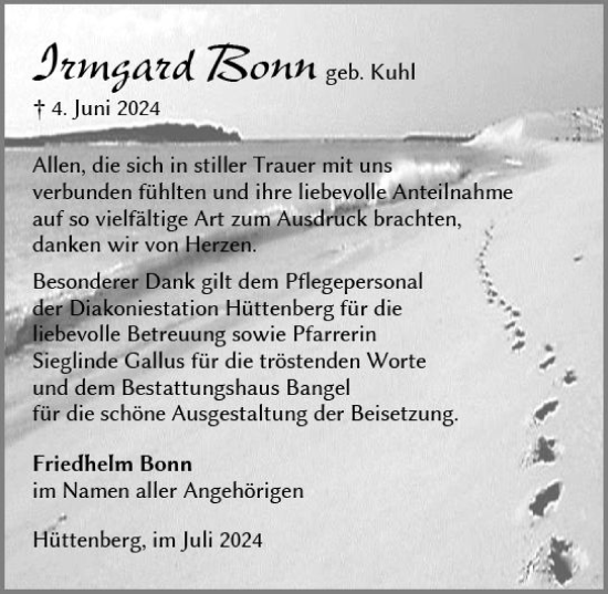 Traueranzeige von Irmgard Bonn von Wetzlarer Neue Zeitung