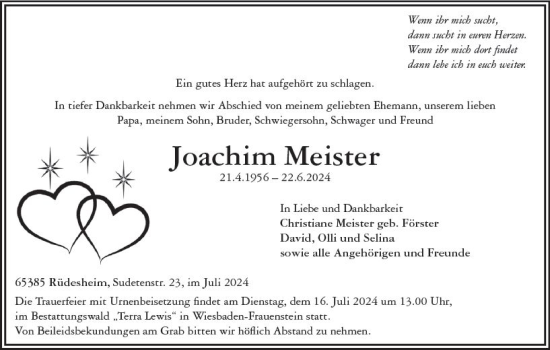 Traueranzeige von Joachim Meister von Wiesbadener Kurier