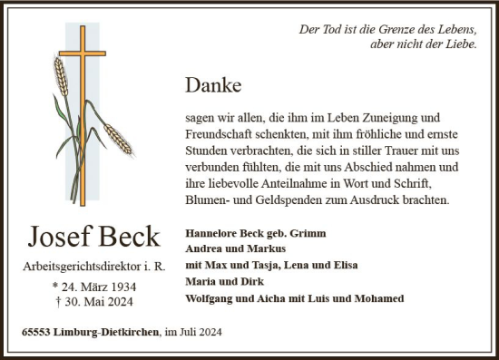 Traueranzeige von Josef Beck von Nassauische Neue Presse