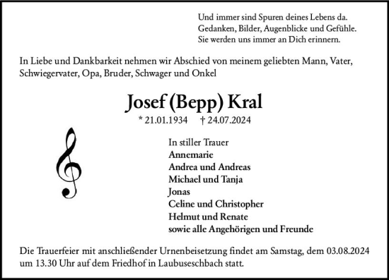 Traueranzeige von Josef Kral von Weilburger Tageblatt