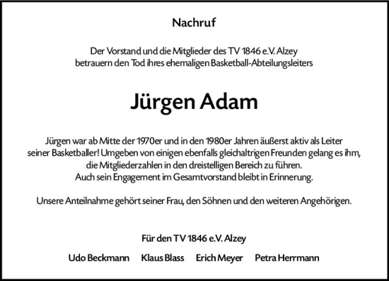 Traueranzeige von Jürgen Adam von Allgemeine Zeitung Alzey