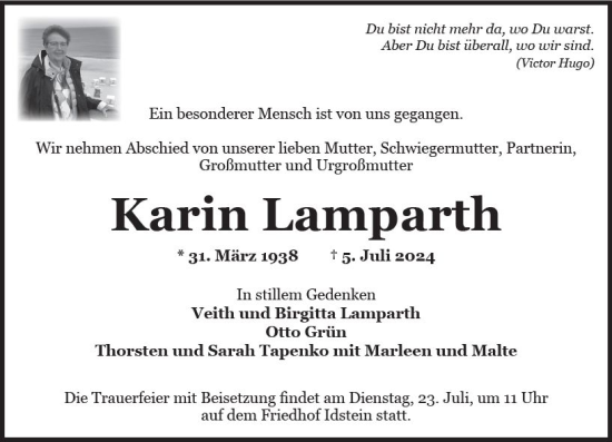 Traueranzeige von Karin Lamparth von Wiesbadener Kurier