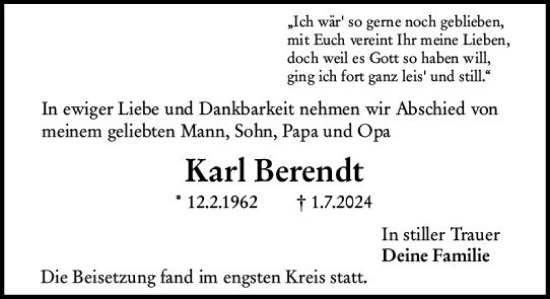 Traueranzeige von Karl Berendt von Weilburger Tageblatt