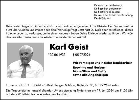 Traueranzeige von Karl Geist von Wiesbadener Kurier