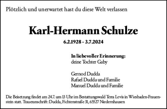 Traueranzeige von Karl-Hermann Schulze von Wiesbadener Kurier