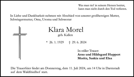 Traueranzeige von Klara Morel von Darmstädter Echo