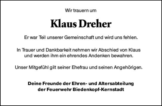 Traueranzeige von Klaus Dreher von Hinterländer Anzeiger