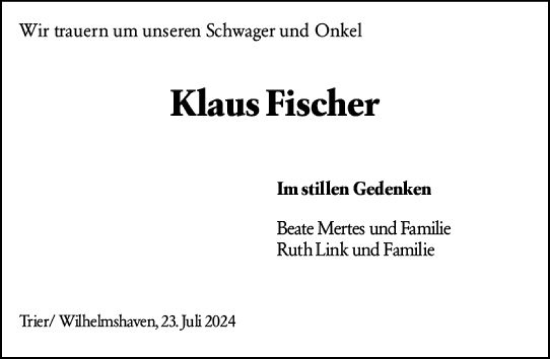 Traueranzeige von Klaus Fischer von Wormser Zeitung