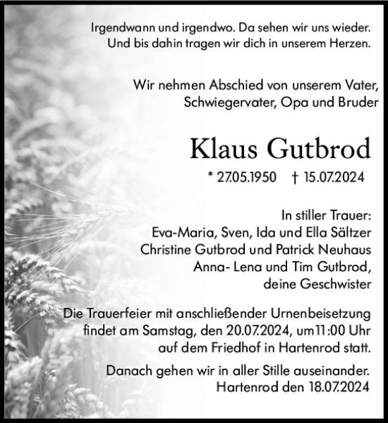 Traueranzeige von Klaus Gutbrod von Hinterländer Anzeiger