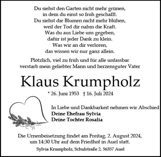 Traueranzeige von Klaus Krumpholz von Wiesbadener Kurier