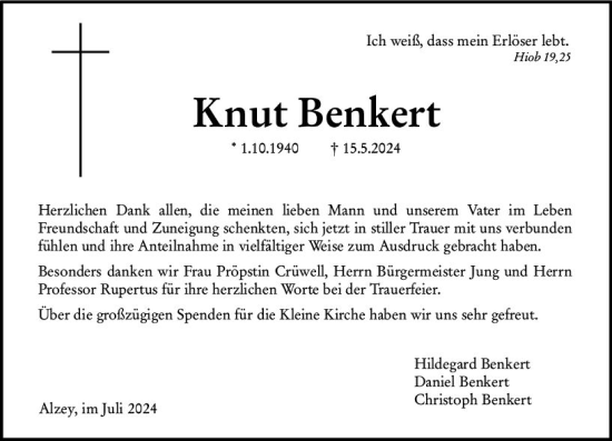 Traueranzeige von Knut Benkert von Allgemeine Zeitung Alzey