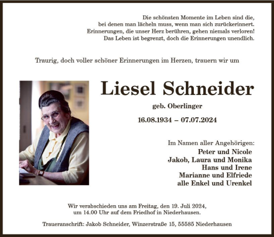 Traueranzeige von Liesel Schneider von Allgemeine Zeitung Rheinhessen-Nahe