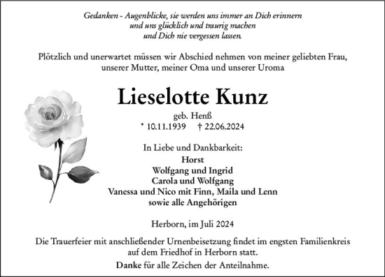 Traueranzeige von Lieselotte Kunz von Dill Block