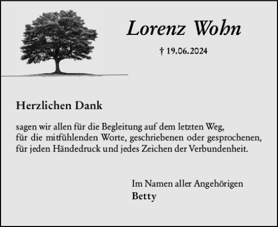 Traueranzeige von Lorenz Wohn von Allgemeine Zeitung Mainz