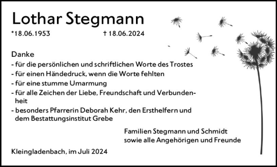 Traueranzeige von Lothar Stegmann von Hinterländer Anzeiger