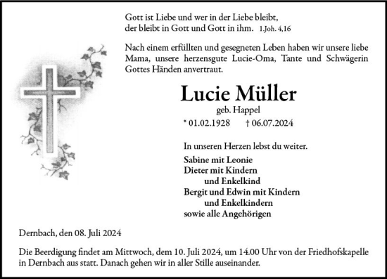 Traueranzeige von Lucie Müller von Hinterländer Anzeiger