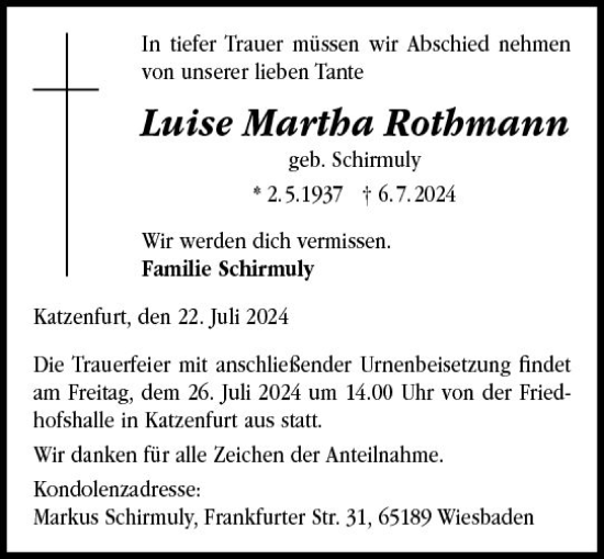 Traueranzeige von Luise Martha Rothmann von Wetzlarer Neue Zeitung