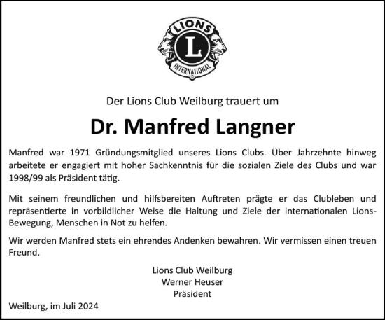 Traueranzeige von Manfred Langner von Weilburger Tageblatt