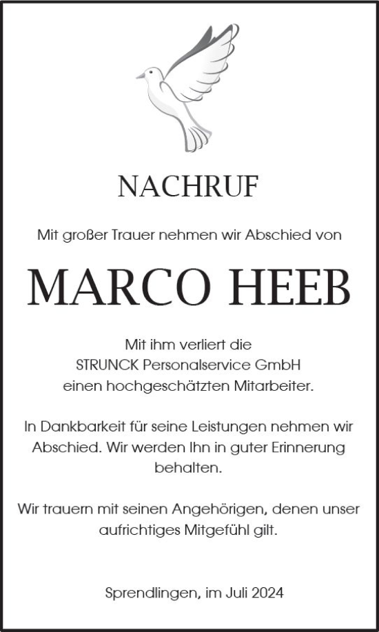 Traueranzeige von Marco Heeb von Allgemeine Zeitung Rheinhessen-Nahe