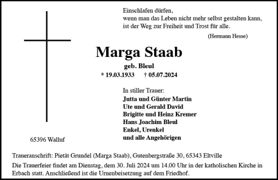 Traueranzeige von Marga Staab von Rheingau Kurier
