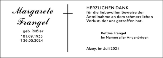 Traueranzeige von Margarete Frangel von Allgemeine Zeitung Alzey