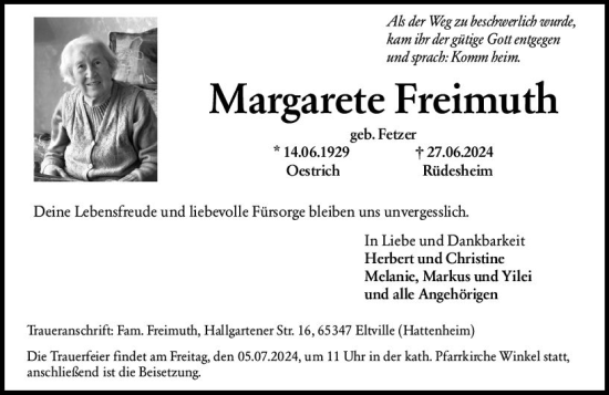 Traueranzeige von Margarete Freimuth von Rheingau Kurier