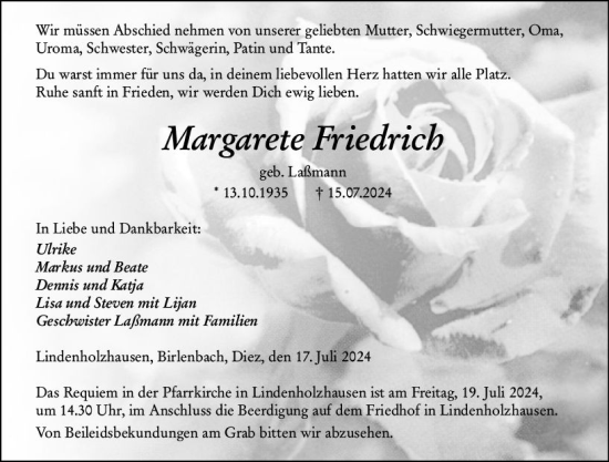 Traueranzeige von Margarete Friedrich von Nassauische Neue Presse