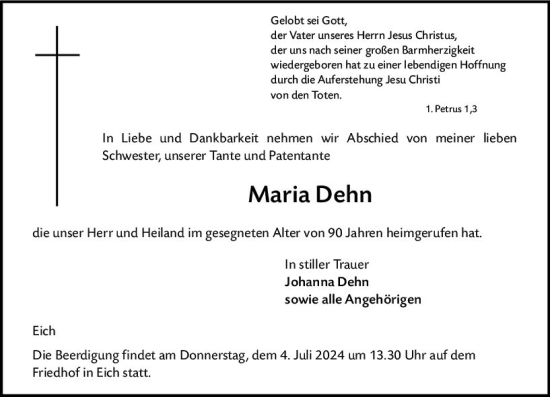 Traueranzeige von Maria Dehn von Wormser Zeitung