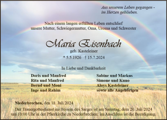 Traueranzeige von Maria Eisenbach von Camberger Anzeiger