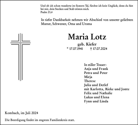 Traueranzeige von Maria Lotz von Hinterländer Anzeiger