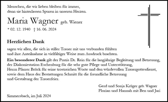 Traueranzeige von Maria Wagner von Dill Block