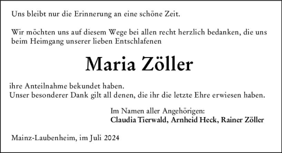 Traueranzeige von Maria Zöller von Allgemeine Zeitung Mainz