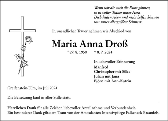 Traueranzeige von Maria Anna Droß von Wetzlarer Neue Zeitung