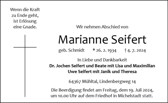 Traueranzeige von Marianne Seifert von Odenwälder Echo