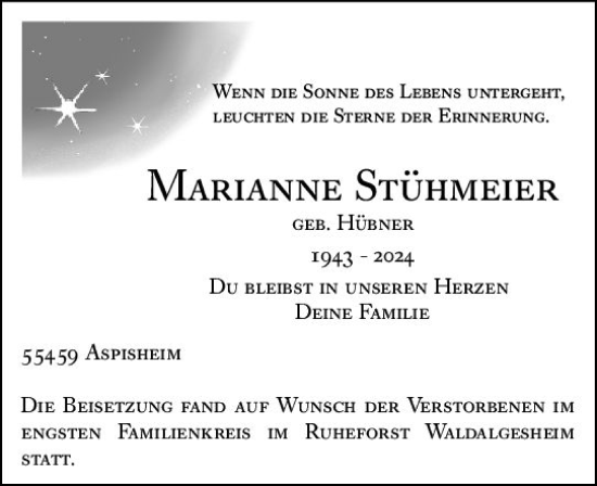 Traueranzeige von Marianne Stühmeier von Binger-/Ingelheimer Wochenblatt